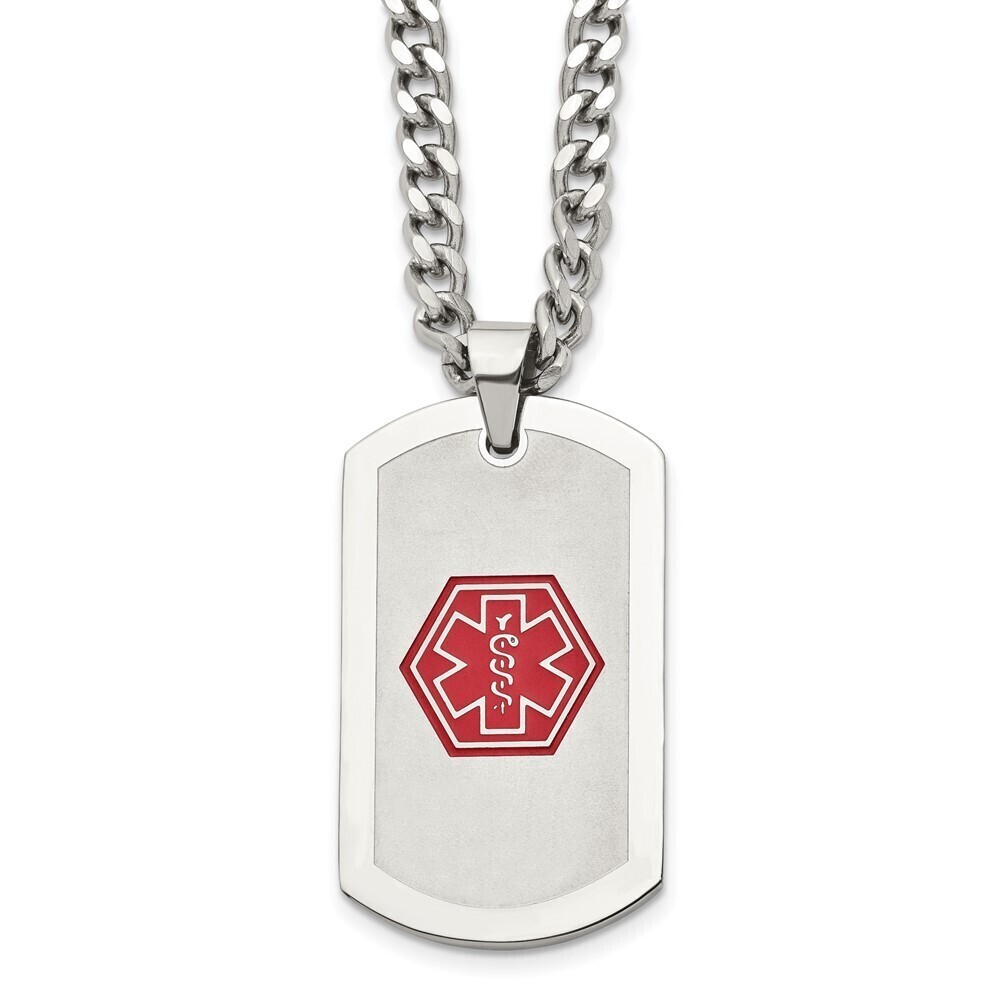 Steel Brushed & Red Enamel Medical ID Dog Tag on a 30in Curb Chain Necklace